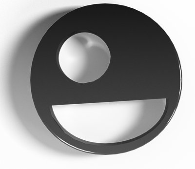 logo cercle blanc avec un sourire faisant un clin d'oeil. couleur noir en 3D.