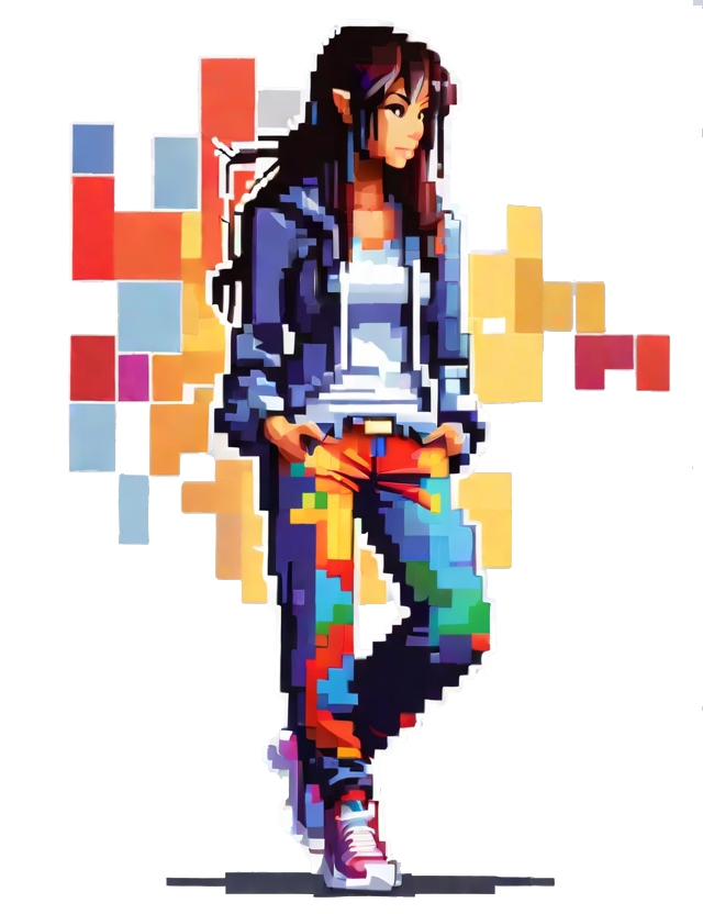 dessin générée par IA d'une femme en style pixellisé avec sur fond le jeu Tétris.