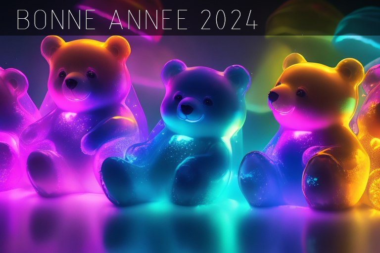 Photo générée par IA de 3 ourson géant en gelé. très coloré avec titre bonne année 2024